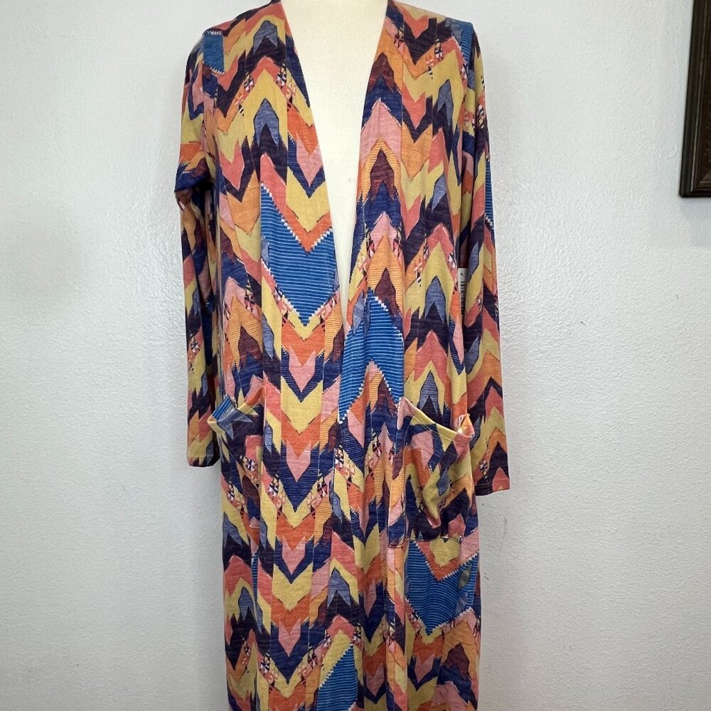 LuLaRoe Sarah Multicolor Geometric Print Duster Cardigan Size L